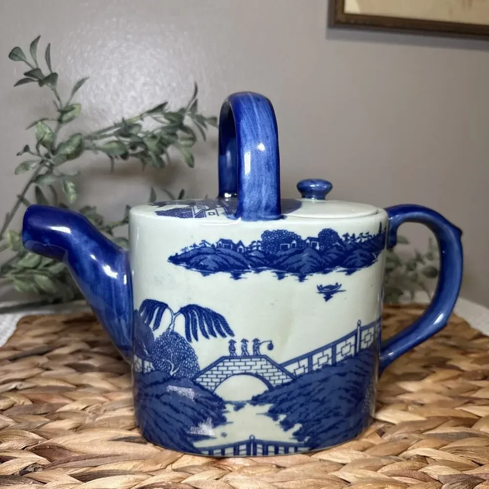 Victoria Blue White Ironstone Teapot Chinoiserie Landscape Handle 10.5” Vintage